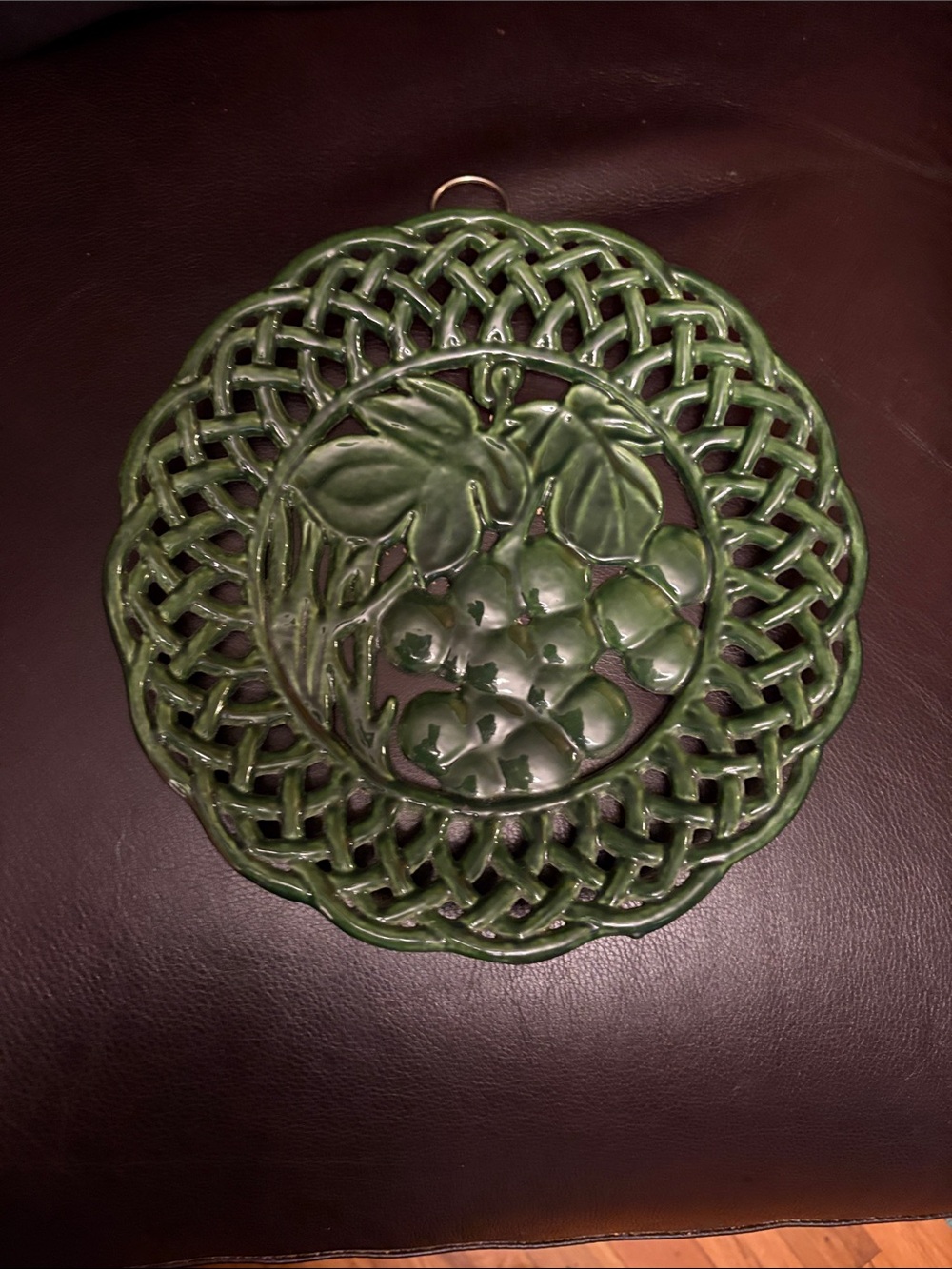Vintage 9 3/4” Glossy Green Enamel Covered Cast Iron Fruit Motif Wall Plate